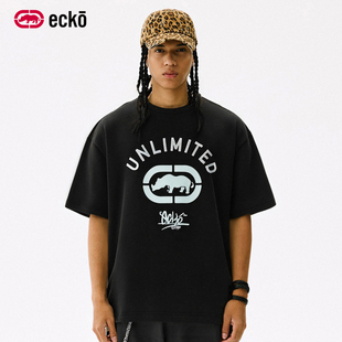ecko红犀牛 贴布绣竹节棉重磅320g短袖t恤男2025新款夏季黑色上衣