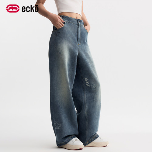 王俊凯联名ecko红犀牛牛仔阔腿裤