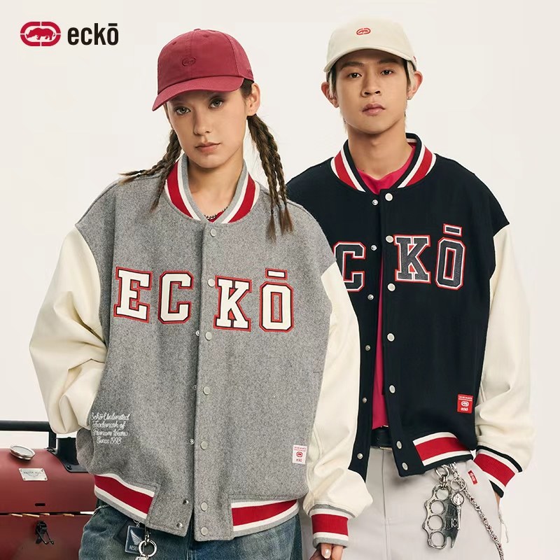 ecko红犀牛  美式撞色贴布刺绣棒球服夹克2025冬季新款绵羊毛外套