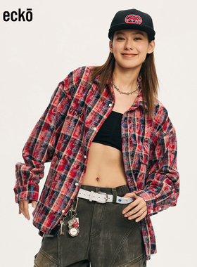 ecko红犀牛  红色格子翻领磨毛长袖衬衫男女2025秋季新款衬衣外套