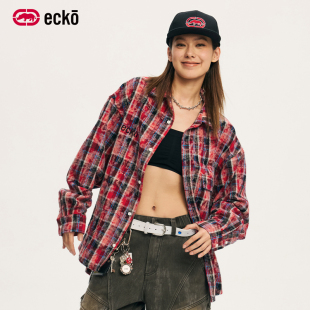 ecko红犀牛 红色格子翻领磨毛长袖衬衫男女2025秋季新款衬衣外套
