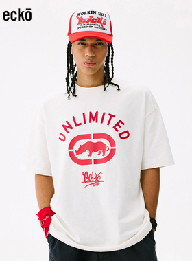 ecko红犀牛 贴布绣竹节棉重磅320g短袖t恤男2025新款夏季白色上衣