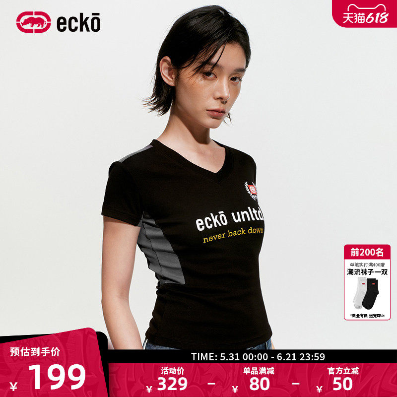 ecko红犀牛  薄款复古辣妹V领撞色拼接短袖t恤女2026夏季新款上衣
