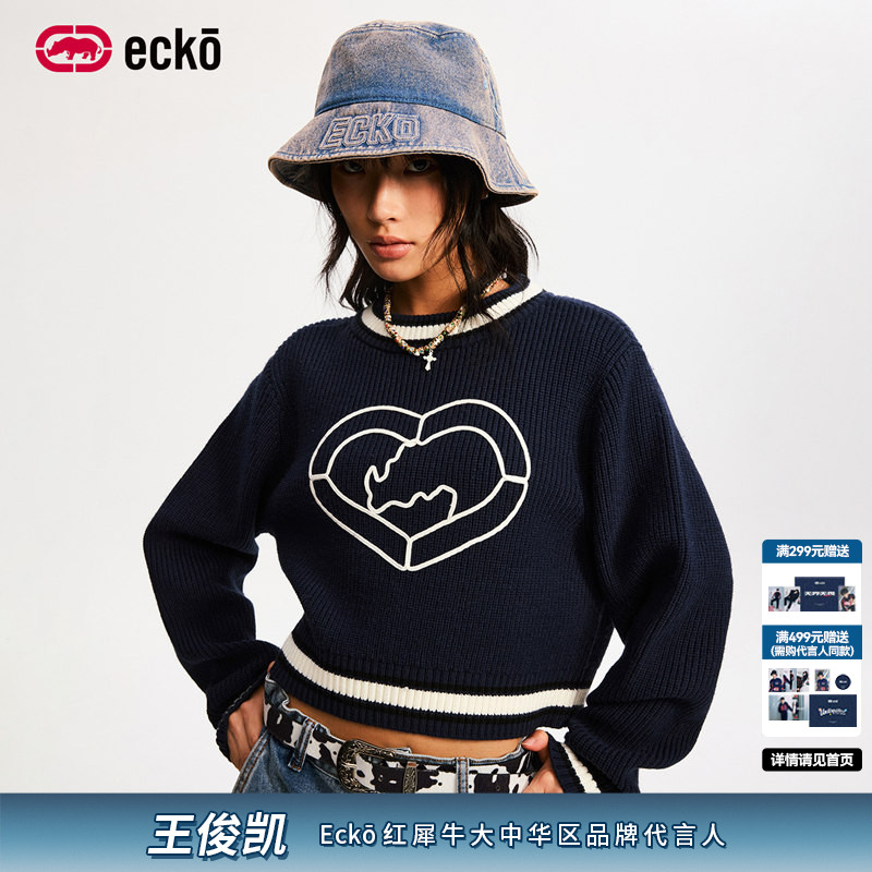 ecko红犀牛  圆领刺绣短款保暖毛衣女2025新款厚款长袖针织衫