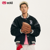 美式 复古棒球服黑色夹克2025冬季 新款 ecko红犀牛 厚款 绵羊毛外套