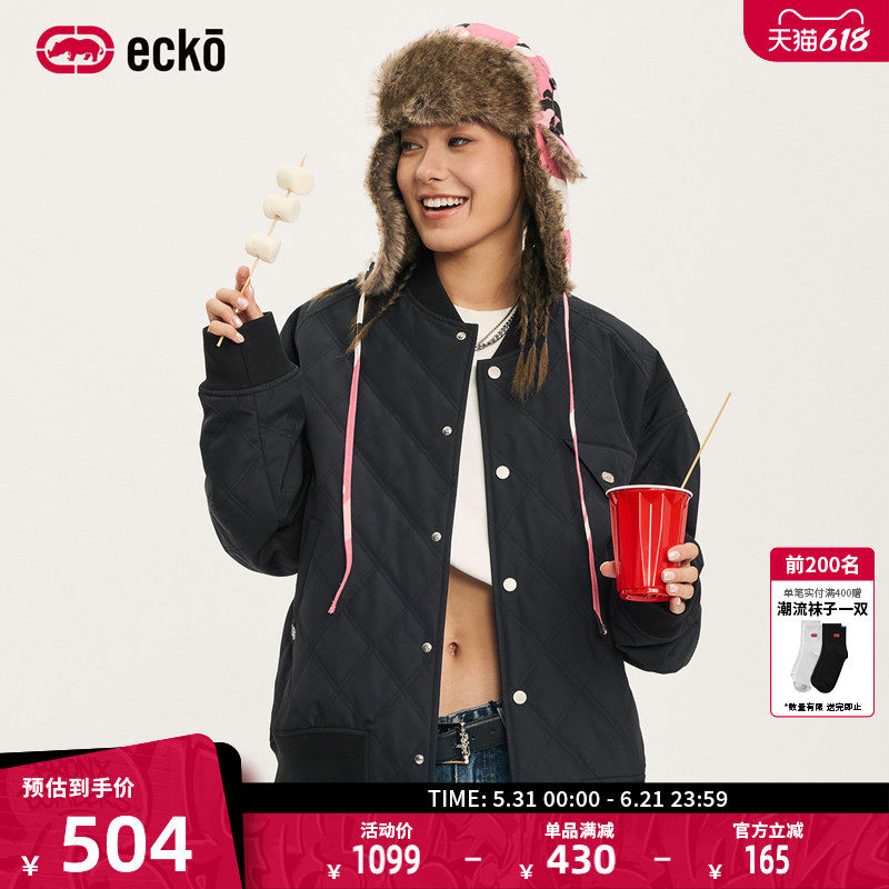 ecko红犀牛  菱形格夹棉棒球领棉衣男女2025冬季新款保暖棉服外套