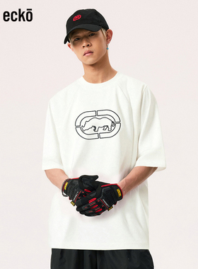 ecko红犀牛 短袖t恤男2025新款夏季贴布绣拼接圆领白色青少年上衣