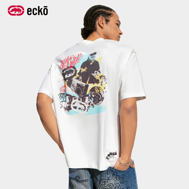 ecko红犀牛 潮流印花圆领刺绣全棉短袖t恤男女款2026夏季新款上衣