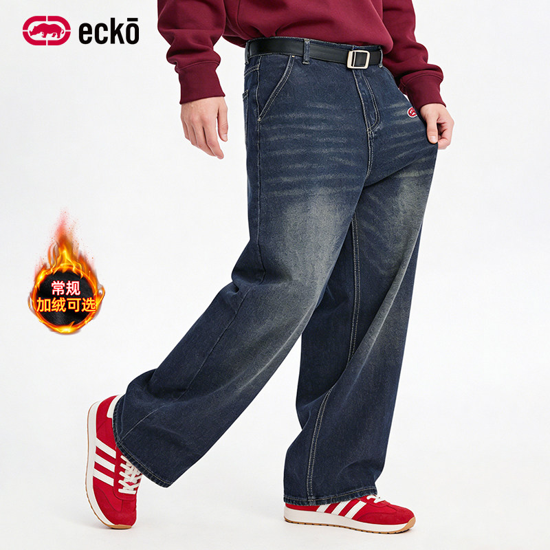 ecko红犀牛  水洗做旧复古直筒加绒加厚牛仔裤男2025冬季新款长裤