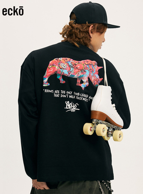ecko红犀牛 创意犀牛涂鸦长袖t恤男女2025秋季新款情侣落肩袖上衣