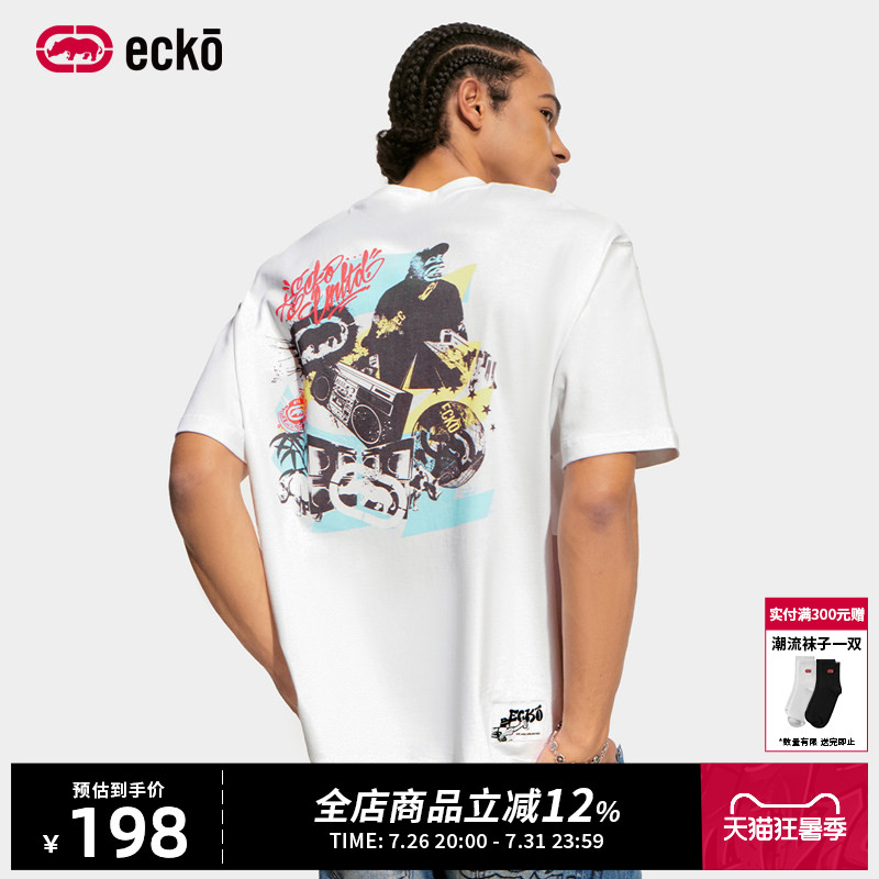 ecko红犀牛印花刺绣全棉短袖t恤