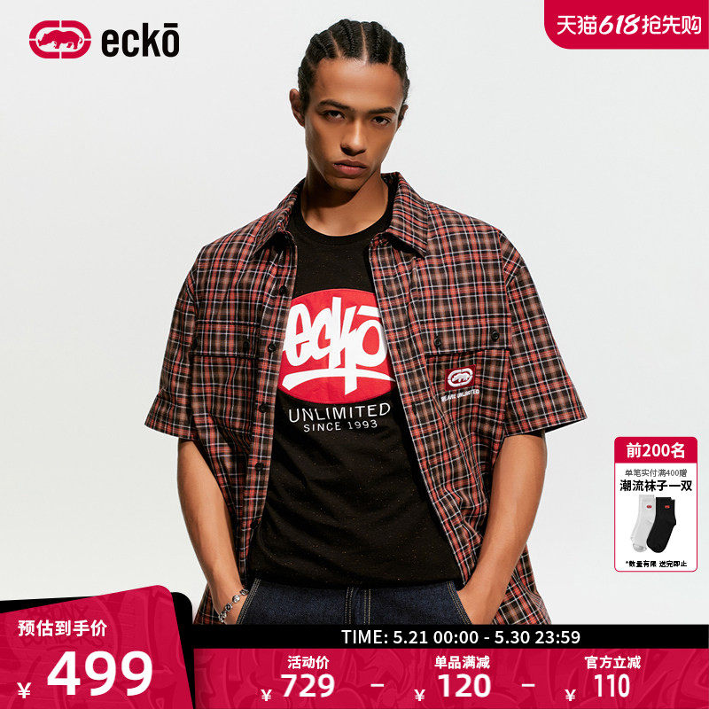 明星同款 ecko红犀牛美式男女款复古格纹纯棉短袖衬衫