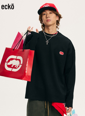 ecko红犀牛 刺绣圆领落肩袖宽松长袖情侣t恤男女2025秋季新款上衣