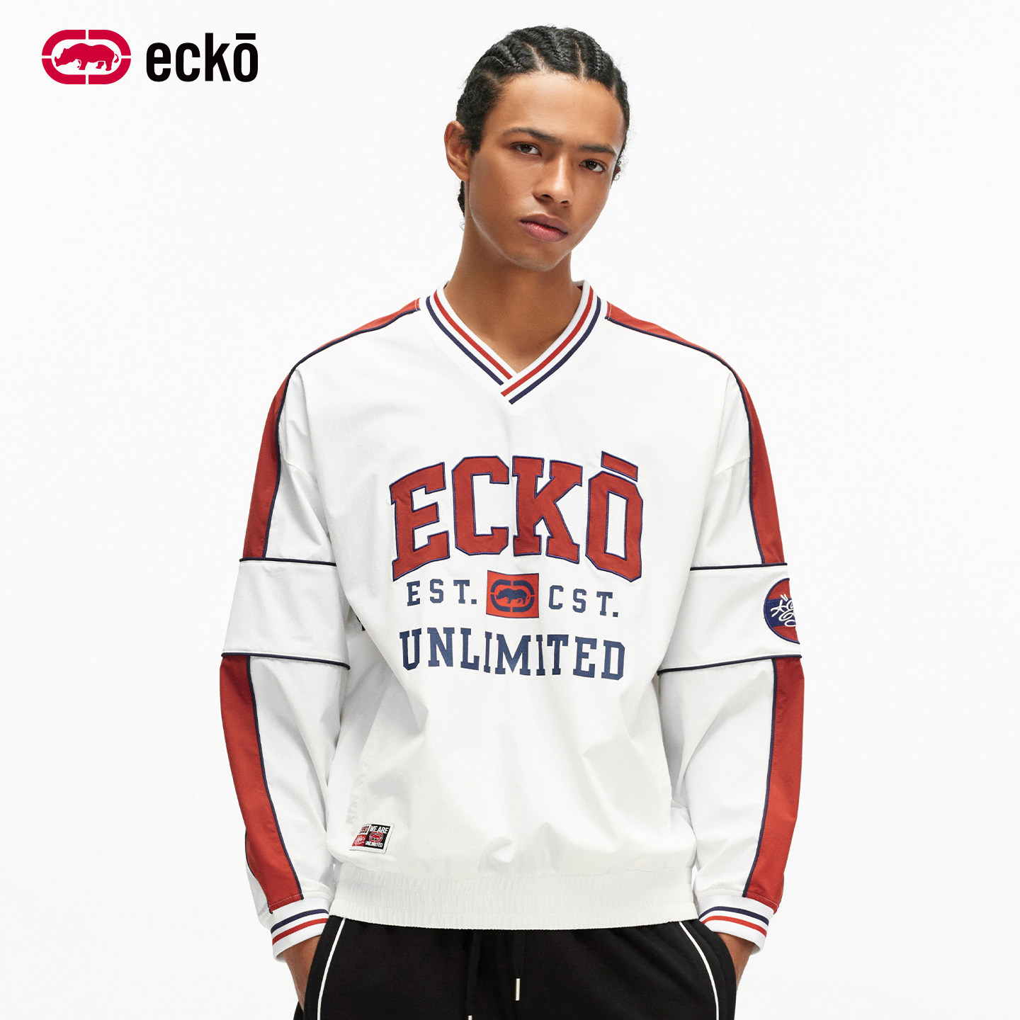 ecko红犀牛 贴布刺绣复古运动V领卫衣男女情侣装2026春季新