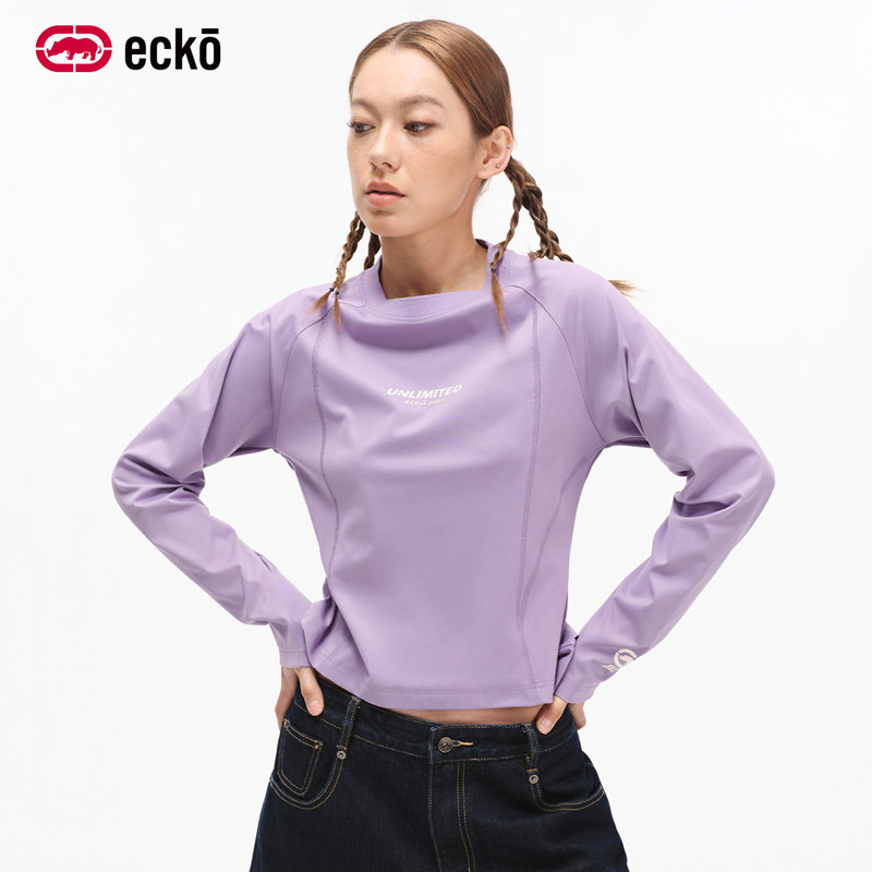 ecko红犀牛 短款修身跑步运动长袖t恤女2026春季新款圆领女士上衣