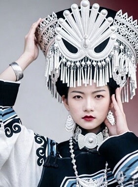 昂卡赛诺大凉山彝族情侣纯色流苏大檐帽铝材质民族风彝族精美头饰
