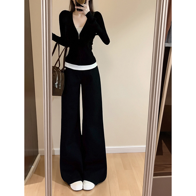 春夏新款韩系慵懒风黑色v领吊带长袖T恤休闲高级感长裤显瘦套装