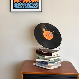 复古黑胶唱片钟创意挂钟客厅办公室书桌桌面摆件酒柜电视墙面装 饰