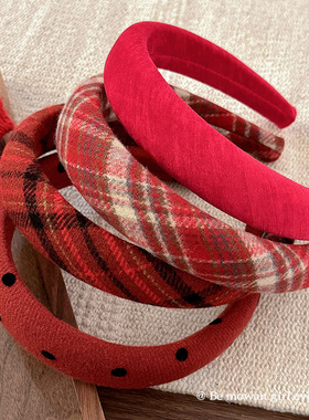 新年复古红色格子毛呢发箍女高颅顶显脸小头箍高级感百搭头饰早春