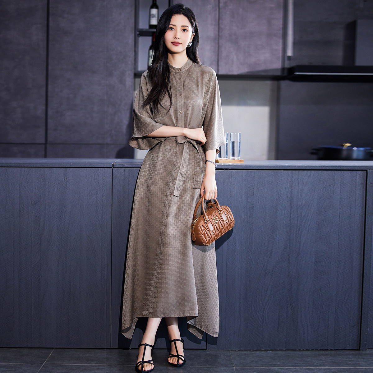 悦戎【暗影楼兰】重磅真丝桑波缎桑蚕丝连衣裙复古优雅系带中长裙