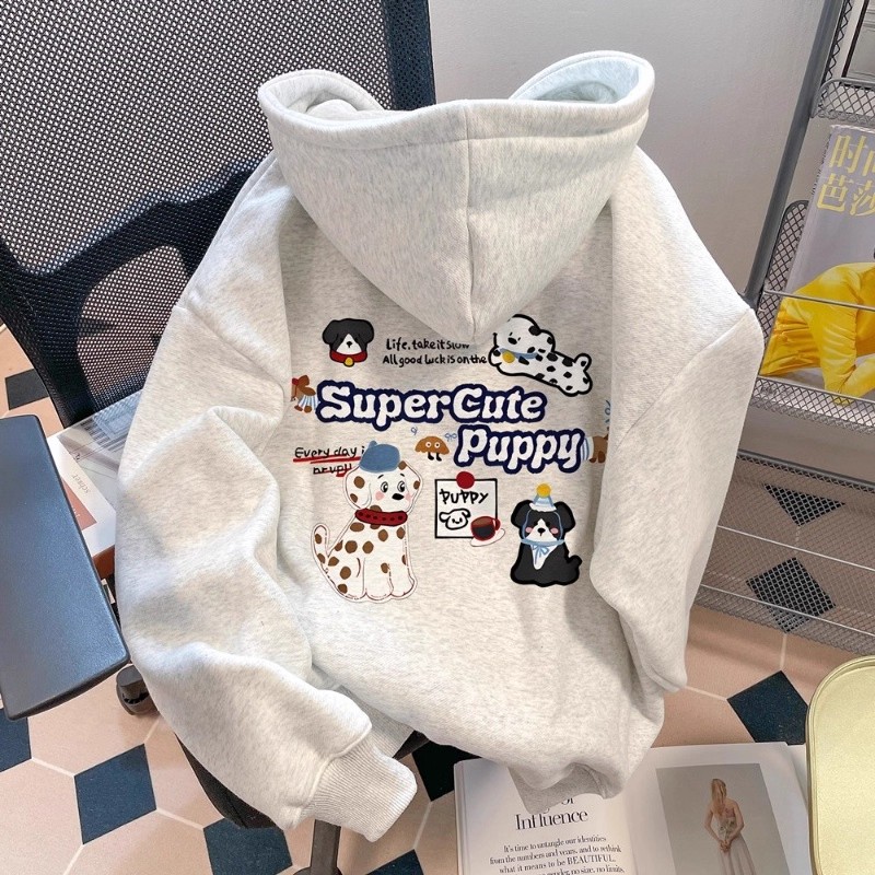 慵懒风卡通狗狗印花连帽卫衣男女