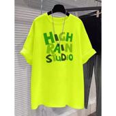 新款 加大码 t恤情侣夏季 潮牌字母印花荧光绿短袖 休闲上衣 300斤美式