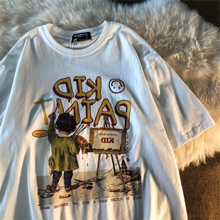 t恤男女设计感艺术卡通印花上衣体恤衫 300斤oversiz港味短袖 大码