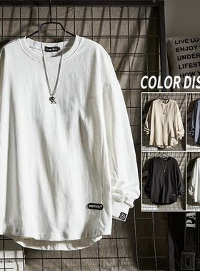 特大码300斤长袖T恤男装春秋美式贴标圆领上衣宽松内搭打底衫卫衣