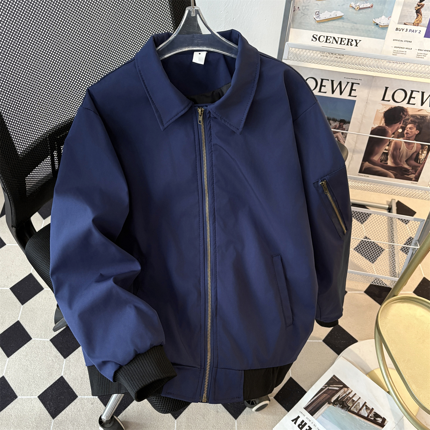 大码300斤藏青色美式飞行夹克男