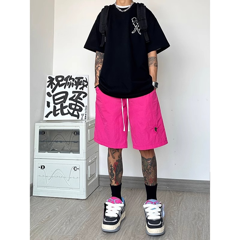 300斤大码男装美式嘻哈刺绣短裤男夏季多巴胺薄款透气宽松休闲裤2