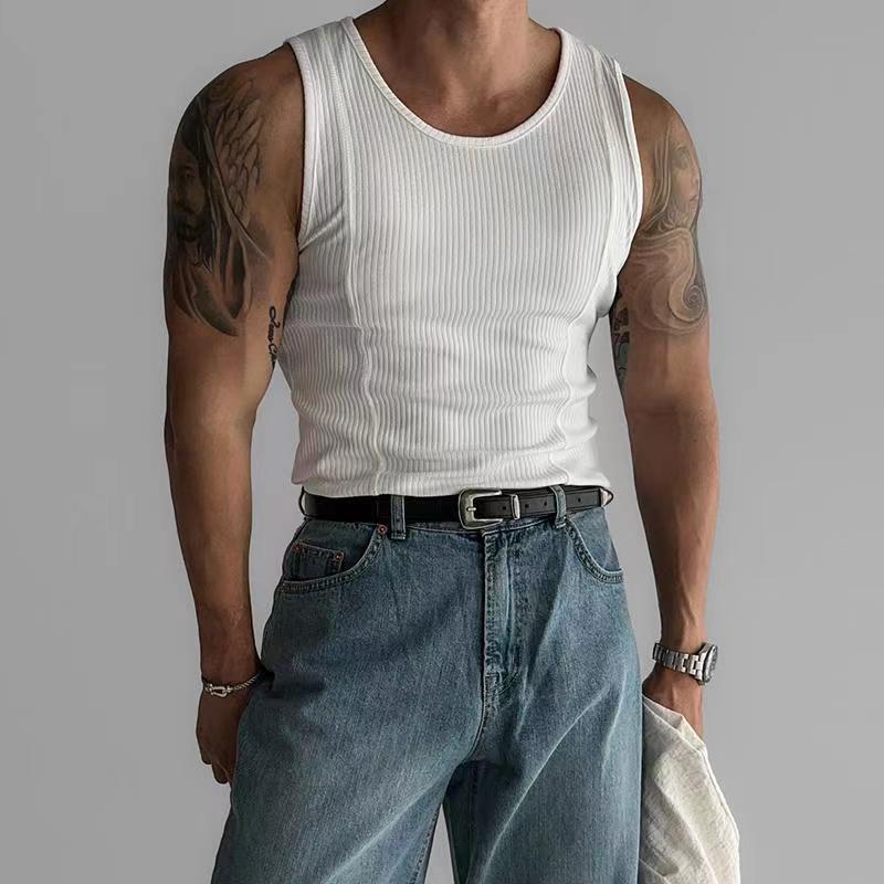 300斤大码男装弹力竖条纹理感修身针织拼接健身运动内搭休闲背心2
