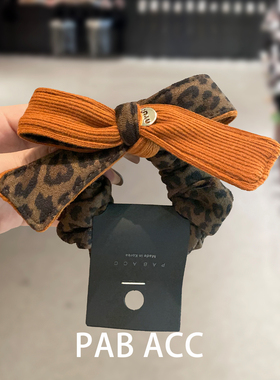 韩国甜酷辣妹风橙色豹纹针织蝴蝶结小肠圈侧低马尾绑发圈耐用头绳