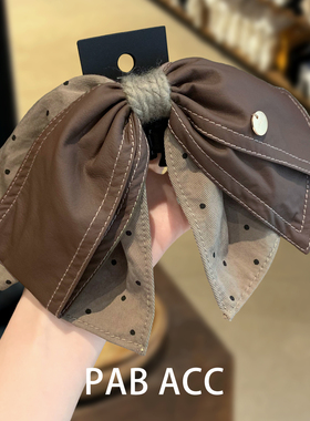 韩国新款高端气质皮质咖色波点布艺蝴蝶结抓夹马尾夹后脑勺鲨鱼夹