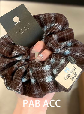 韩国复古学院风秋冬格纹纽扣大肠发圈丸子头花皮筋低马尾新款发饰