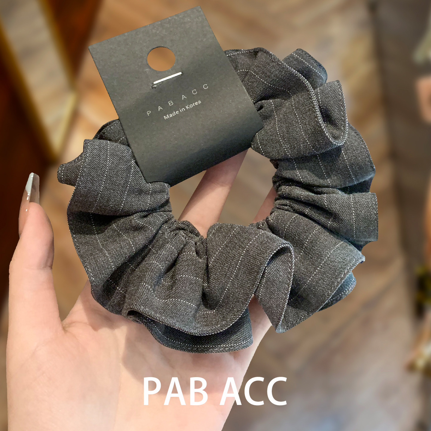 韩国学院风高级感灰色西装面料双层条纹肥肠圈褶皱花边盘发圈头绳