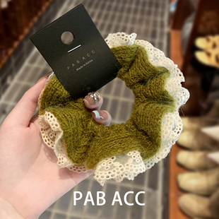 韩国温柔慵懒风皮筋小众双层针织蕾丝花边肥肠圈软糯毛线弹力发绳