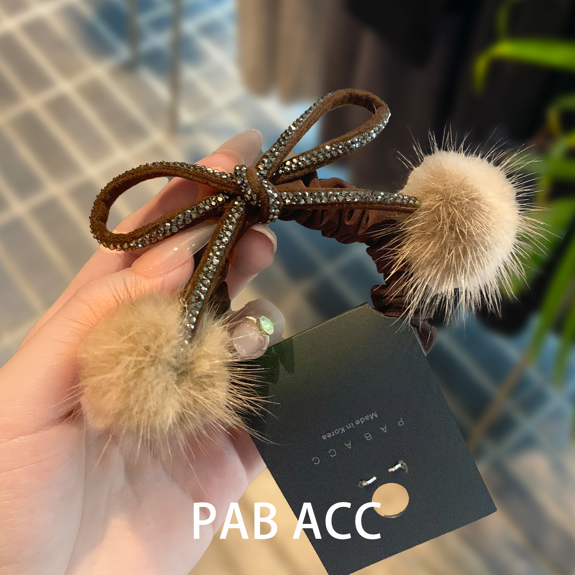 韩国秋冬水貂毛毛球水钻蝴蝶结发绳网红洋气头绳扎丸子头花盘发饰