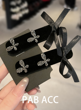 韩国轻奢水钻蝴蝶结东大门高级感丝绒懒人发夹子掰掰夹侧边碎发饰