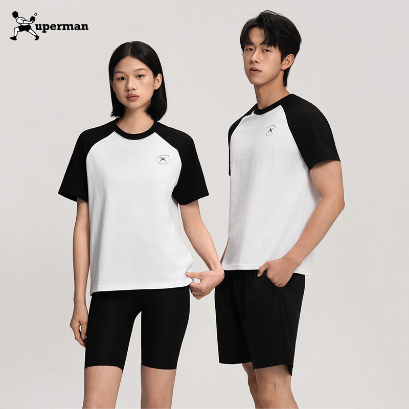 Xuperman纯棉撞色插肩短袖男女情侣美式复古圆领T恤休闲运动上衣