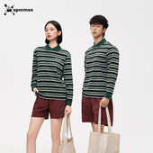 Xuperman复古老钱风POLO领条纹长袖 T恤慵懒风休闲撞色翻领上衣