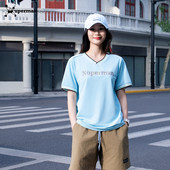 新款 Xuperman插肩V领条纹印花短袖 T恤男女夏季 潮流宽松休闲上衣