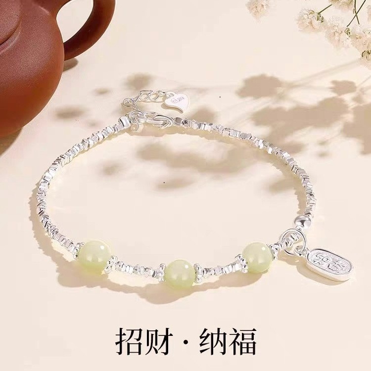 日本品质纯银s925招财纳福碎银银手链女款和田玉轻奢小众精致生日
