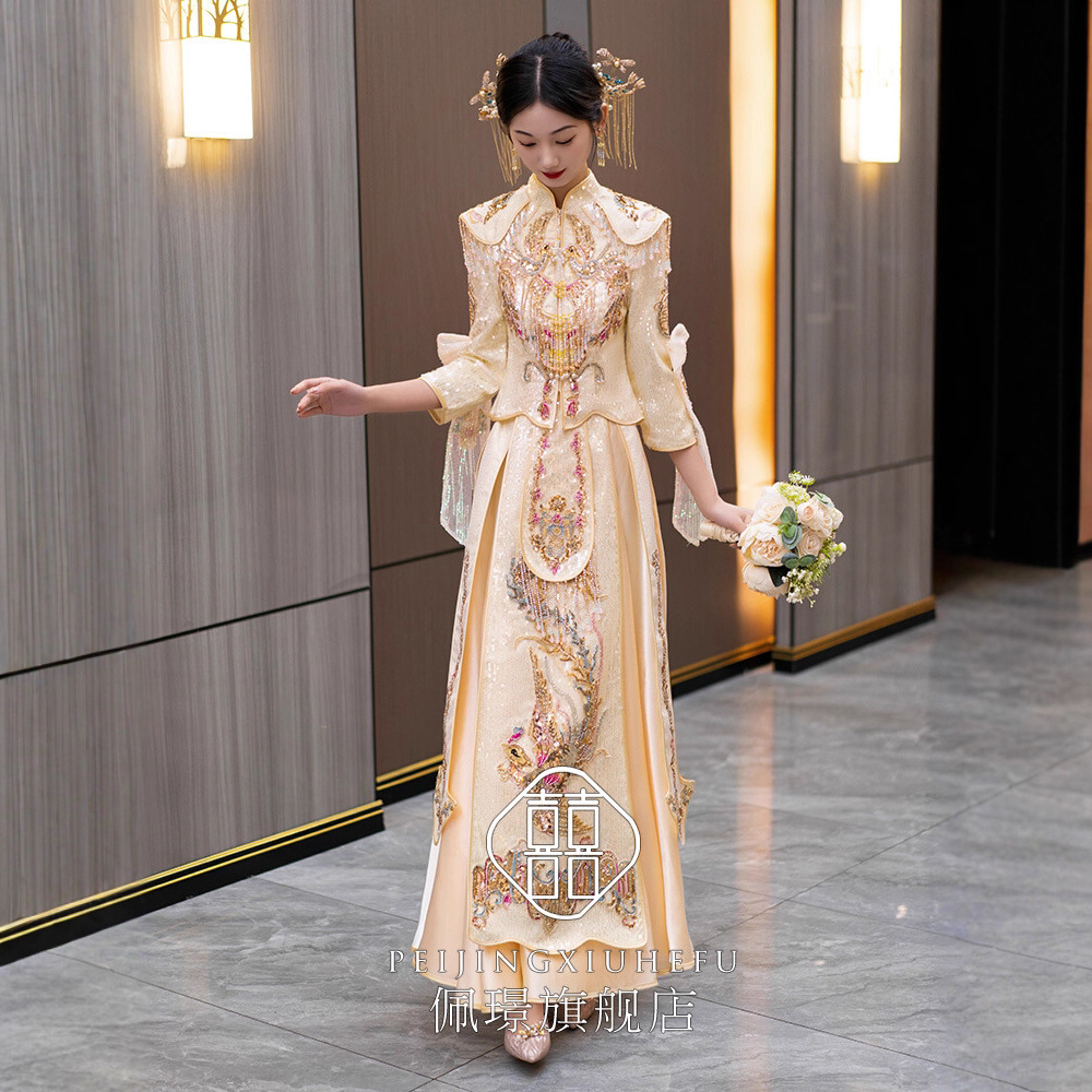日本品质夏季秀禾服2025新款新娘结婚金色中式礼服高级新式香槟色