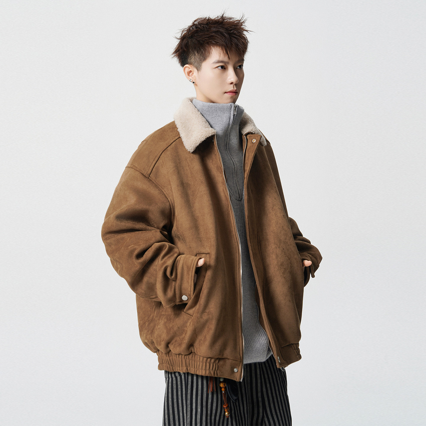 SHAPOES冬季男生美式麂皮绒夹克外套男士潮牌宽松休闲翻领毛棉服