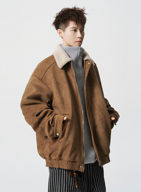SHAPOES冬季男生美式麂皮绒夹克外套男士潮牌宽松休闲翻领毛棉服