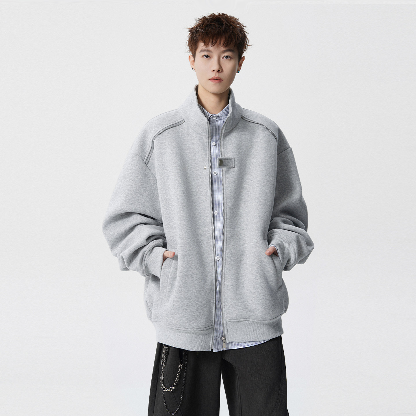 SHAPOES春秋季男生美式重磅400克立领夹克男士宽松休闲卫衣外套