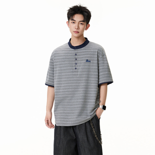 SHAPOES夏季男生美式休闲条纹t恤短袖男士宽松凉感刺绣短袖上衣