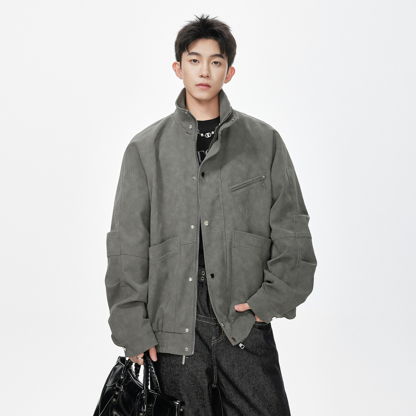 SHAPOES春秋季男生美式宽松休闲皮衣外套男士重磅工装夹克机车服