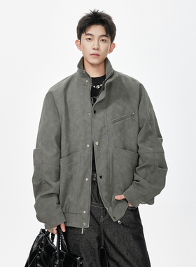 SHAPOES春秋季男生美式宽松休闲皮衣外套男士重磅工装夹克机车服