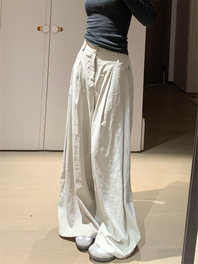 Khaki Suit Pants for Women 2025 New Summer Thin Loose Bf Lazy Style Drape High Waist Wide Leg Pants